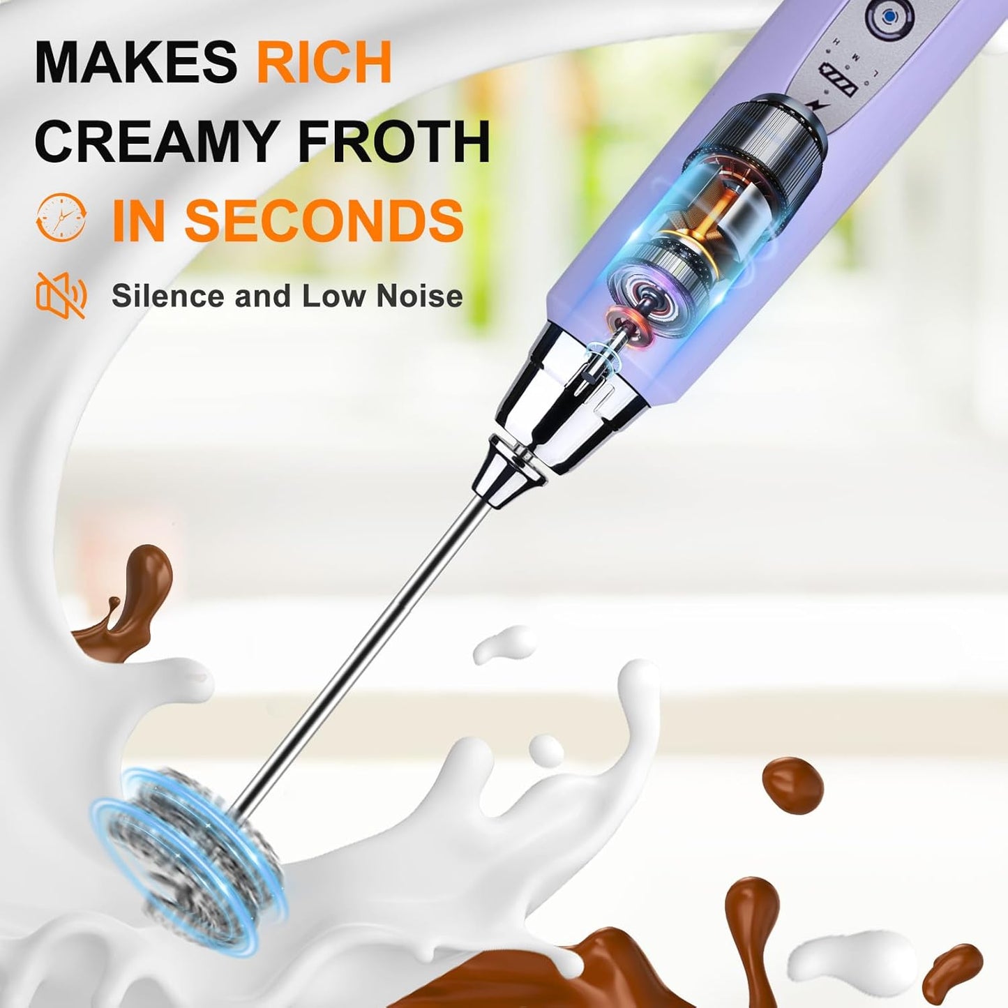 YUSWKO Black Handheld Milk Frother Wand for Coffee, Rechargeable Electric Whisk with 3 Heads 3 Speeds Drink Mixer Coffee Frother For Latte, Cappuccino, Hot Chocolate, Egg