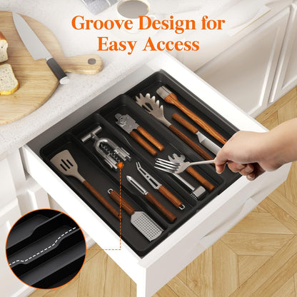 Lifewit Utensil Organizer for Kitchen Drawer, Expandable Cooking Silverware Tray, Adjustable Cutlery Flatware Holder, Plastic Spatula Tools Storage Divider, 14.4 x 15.8", Black