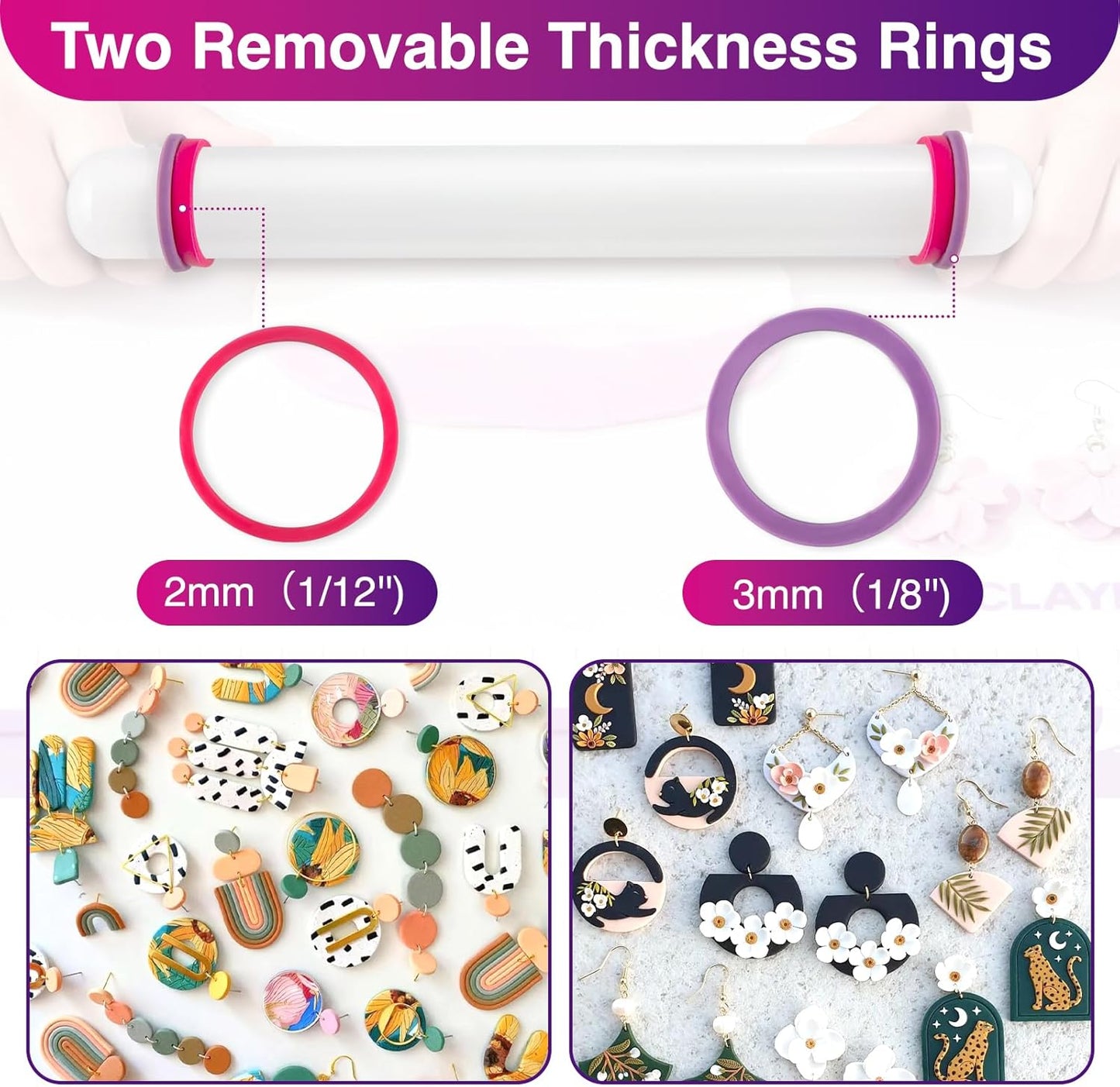 Clay Roller with Thickness Rings and 16" x 12" Silicone Clay Mat with Measurement,Oven-Safe Work Mat with Texture,Reusable Silicone Non-skid Pad,Clay Rolling Pin,Polymer Clay Tools