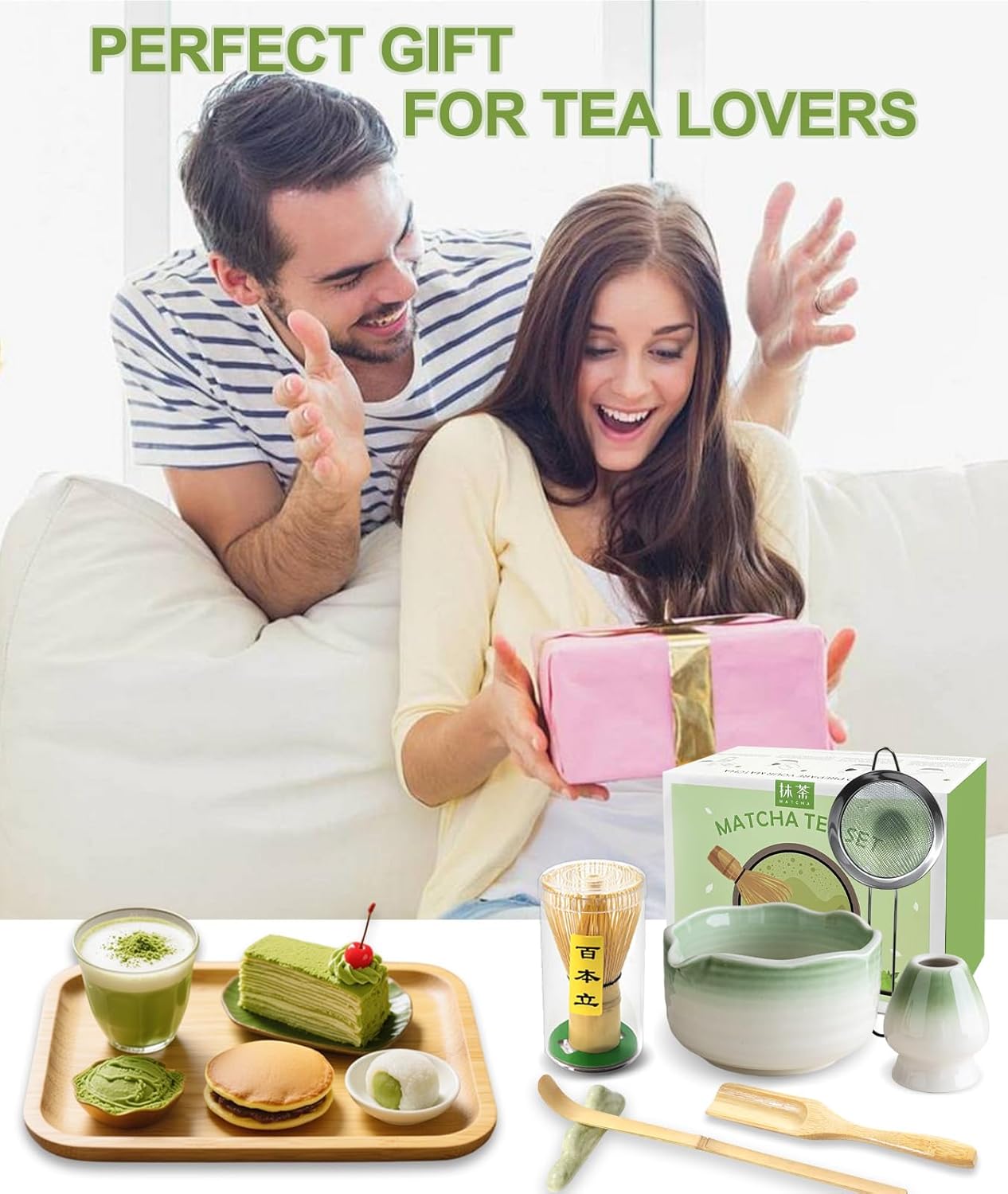 JBER Matcha Whisk Set, Ceramic Matcha Set Includes Bowl & Holder, Bamboo Whisk (Chasen), Sifter, Scoop, Spoon & Rest - 7PCS Matcha Kit Gift for Matcha Lovers & Beginners, Gradient Pink
