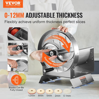 VEVOR Electric Vegetable Slicer, 0-0.5"/0-12mm Thickness Adjustable Commercial Slicer Machine, Convertible to Manual, Stainless Steel Food Cutter Slicing Machine, for Potato, Lemon, Tomato, Apple