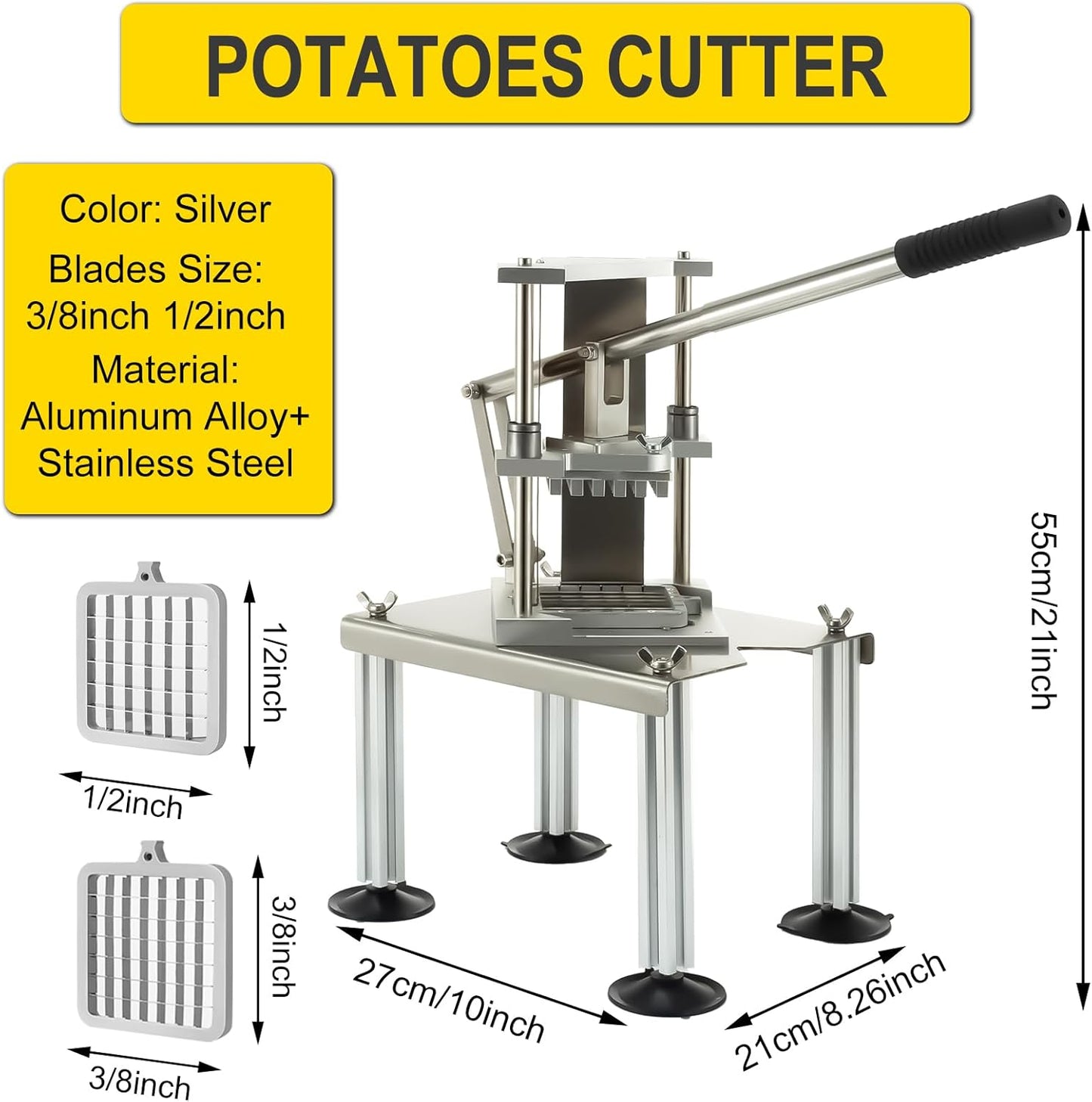Vertical French Fry Cutter with 3/8" & 1/2" Blades, Commercial Grade Potato Cutter, Heavy Duty Vegetable Chopper, Rust-Proof Stainless Steel Slicer for Home Kitchen