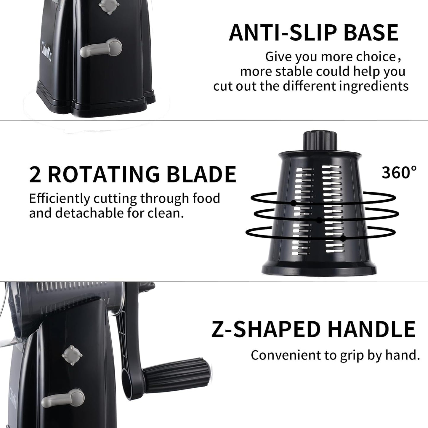 Upgrade Rotary Cheese Grater Shredder with Handle, Strong Suction Base, Multi-purpose Rotary Grater Slicer with 5 Interchangeable Blades for Ice, Vegetables, Fruit, Nuts with Blade Storage Box