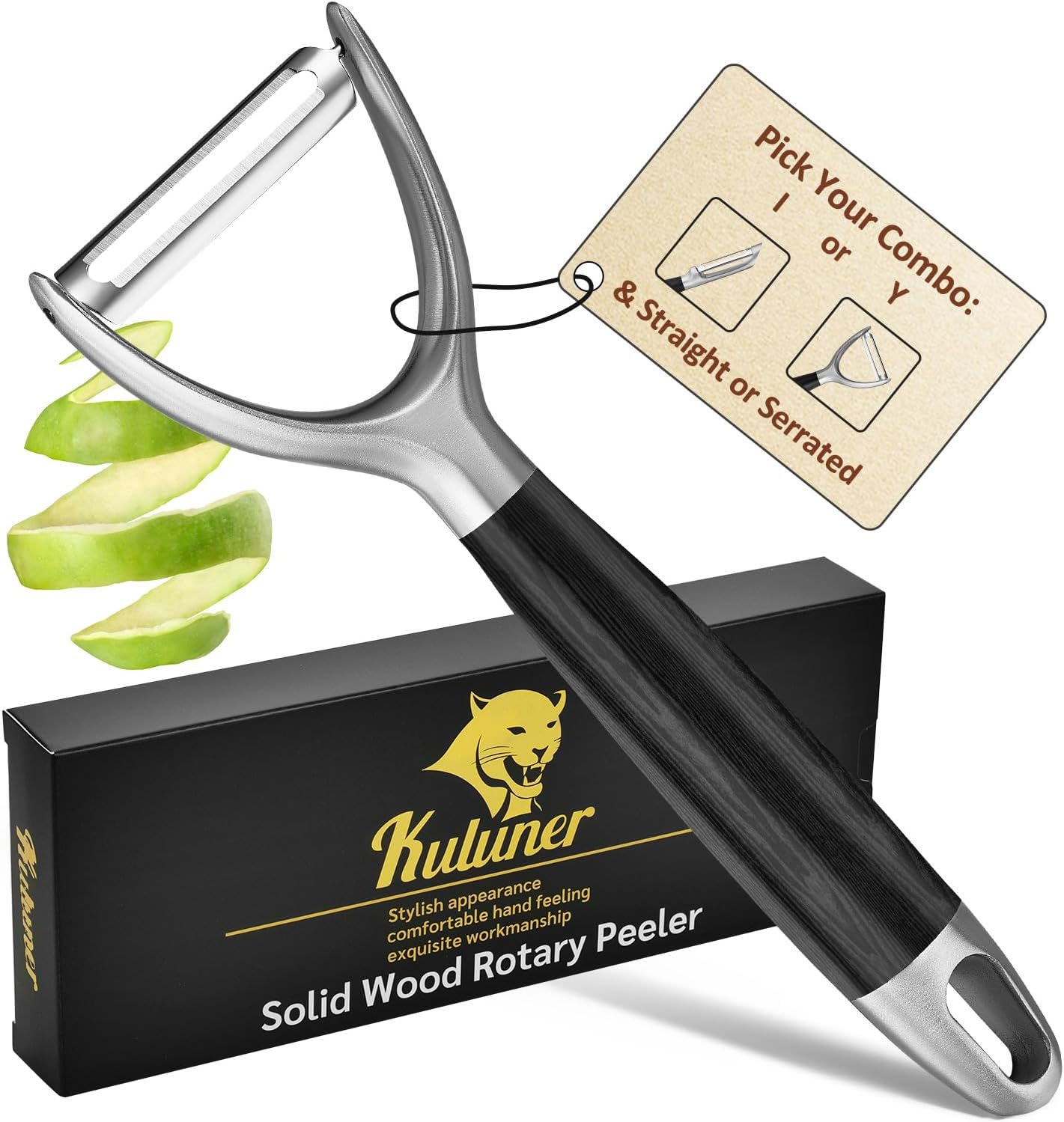 Serrated Blade Premium I Type 304 Stainless Steel Multifunctional Kitchen Peeler Real Wood Handle Ultra Sharp Blade Vegetable Potato Apple（Agarwood）