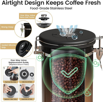 Veken Coffee Canister with Window,Airtight Stainless Steel Pantry Container,Home Kitchen Food Storage Organizers for Ground,Beans,Espresso,Rice,Tea,Sugar,Cereal, Decor,Bar Accessories,Gifts,22OZ,Black