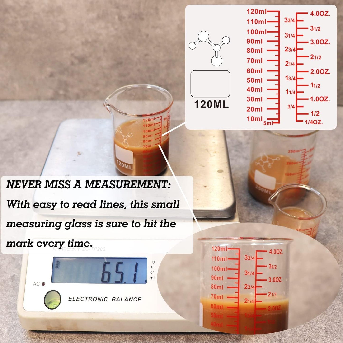Ackers Mini Glass Measuring Beaker Set, Borosilicate, 2oz 4oz 8oz Measuring Cups