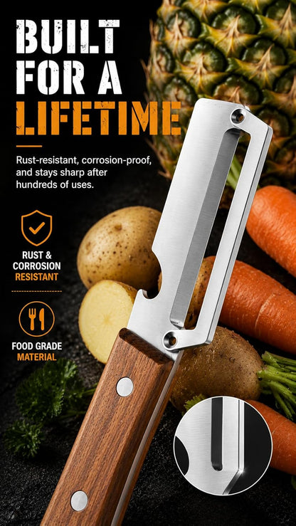 Precision Peeler Pro Heavy Duty Vegetable Peeler, 420 Stainless Steel 2.5mm Thick Blade, Julienne Peeler with Wood Handle & Bottle Opener for Hard Produce (A+B)