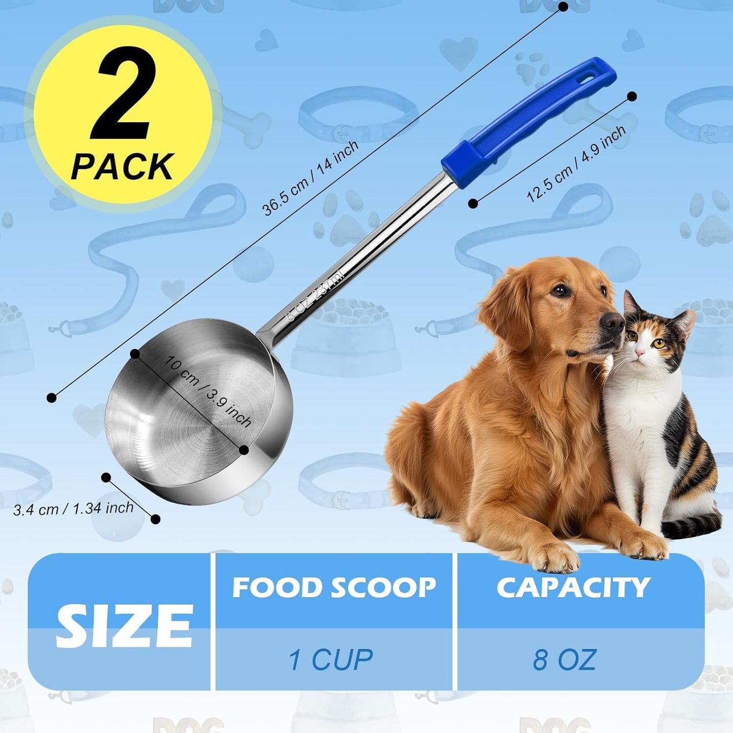 2 Pcs Dog Food Scoop Long Handled Scoops 3/4 Cup Stainless Steel Measuring Cups Portion Control Serving Spoons for Dogs Cats Birds and Rabbits Pet Food Feeding Scoop (3/4 Cup)