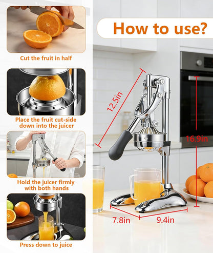 Manual Juicer Professional Hand Press - Heavy Duty Stainless Steel Citrus Squeezer for Orange, Lemon & Pomegranate with Stable Base and Measuring Cup, Commercial Grade Extraction