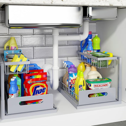 REALINN Under Sink Organizer, L-Shaped 2 Tier Pull Out Cabinet Organizer for Kitchen and Bathroom, Slide Out Under Cabinet Storage, Metal Under Sink Storage with Sliding Drawer, 50 lbs, Black 2 Pack