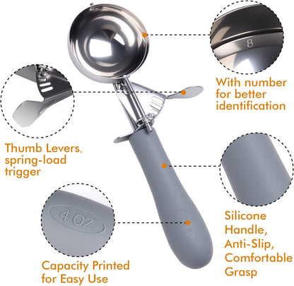Fayomir 4 OZ Scoop, #8 Disher, Large Ice Cream Scoop with Trigger, Muffin Scoop, Large Cookie Scoops for Baking, Grey Handle, With Trigger for Portion Control