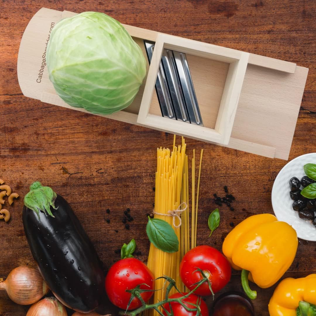 Wooden Cabbage Shredder, Mandoline Slicer for Sauerkraut, Coleslaw. Finger Protection Box, Cut Resistant Glove. Pre-Oiled. Made in Poland!