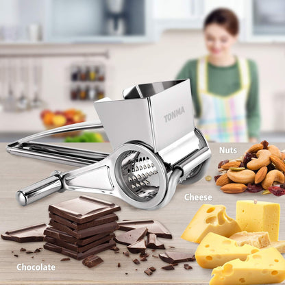 TONMA Multipurpose Rotary Cheese Grater with 1 Stainless Steel Handheld Drums for Parmesan, Mozzerella, Vegetables and More, Ergonomic Design