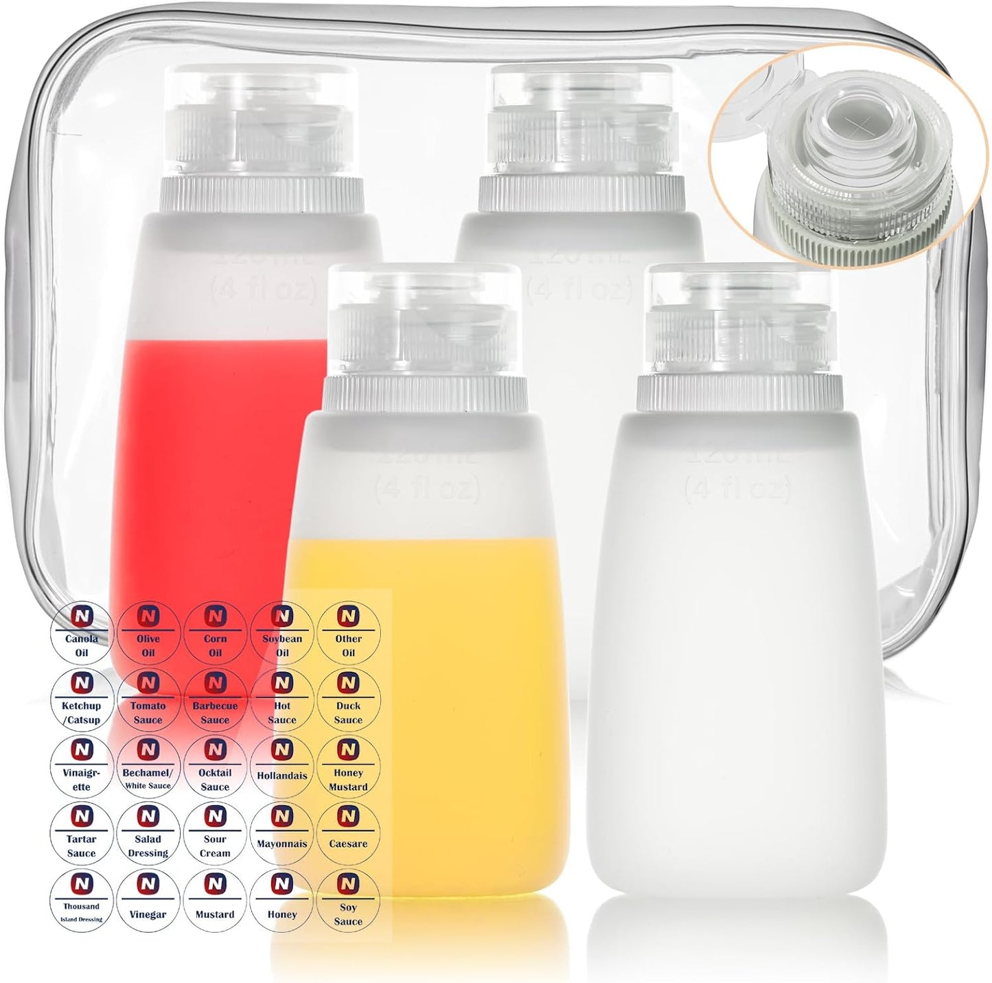 Condiment Squeeze Bottles for Ketchup Hot Sauce Liquids Oil with Caps for Condensed Milk and Mustard Salad Dressing Dispenser Silicone Bottles (Translucent, 4 oz * 4 Pack)