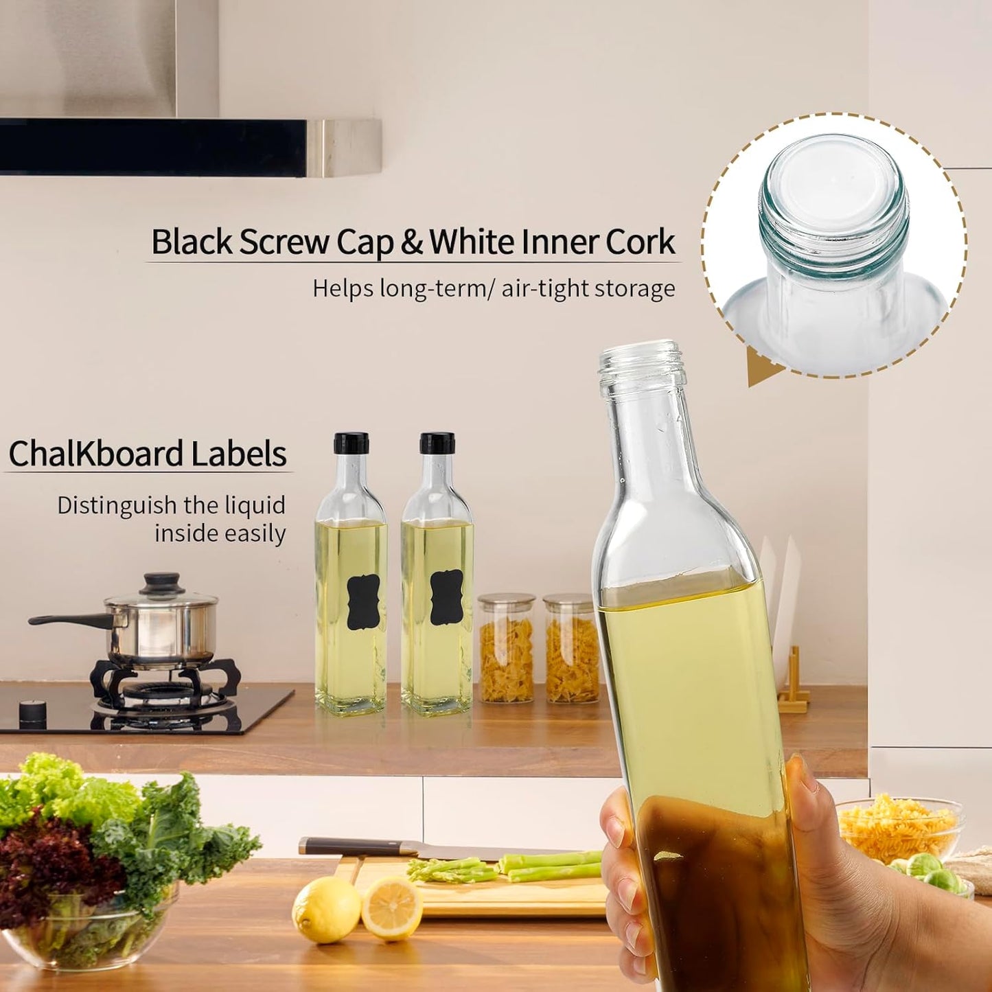 BAKHUK 4 Pack 17oz Olive Oil Dispenser Bottles, 500ml Clear Glass Vinegar Cruet with Pourers and Funnel for Kitchen