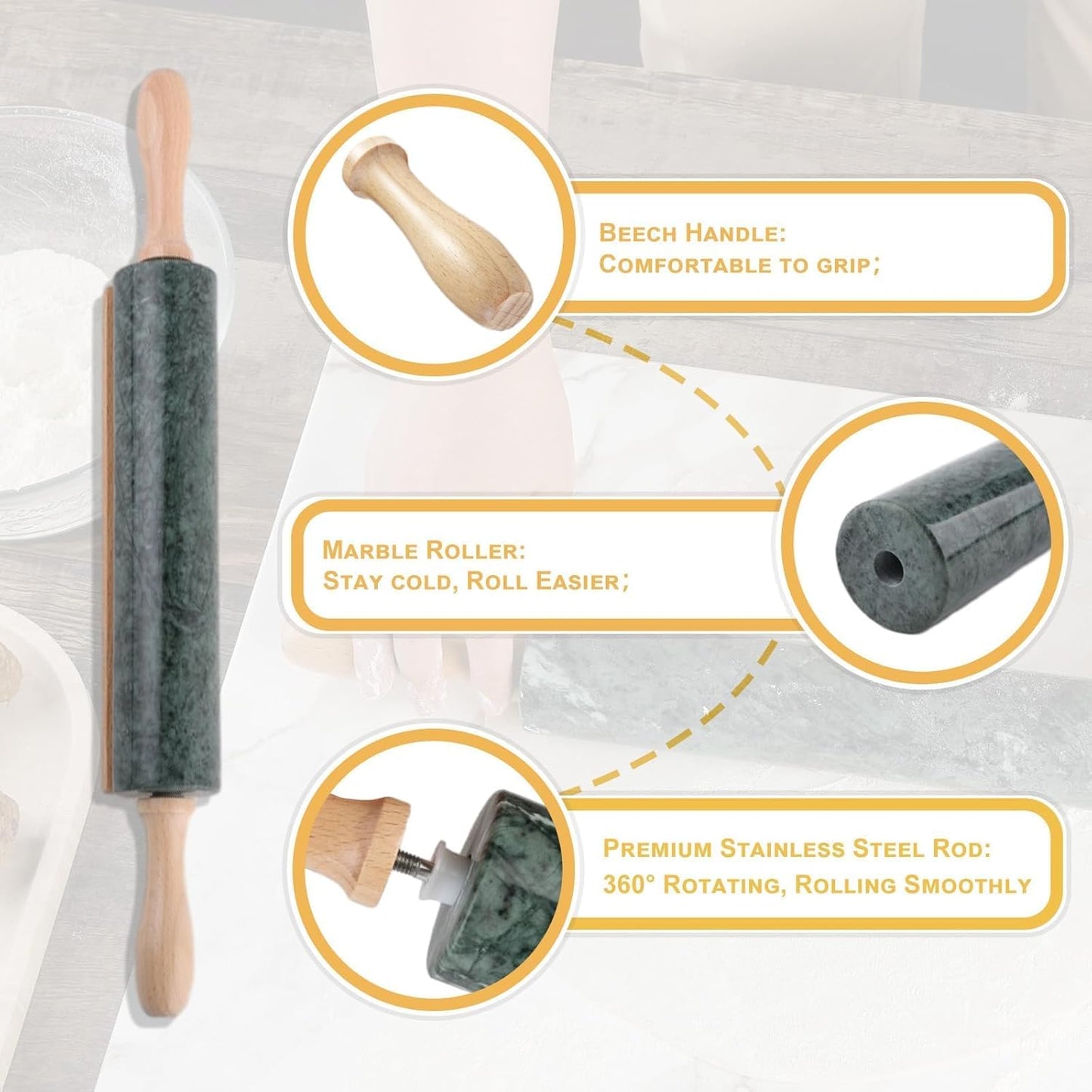 Koville African Natural Marble Rolling Pin, Non-Stick Polished Dough Roller, Pasta, Dumpling, Fondant, Pie Crust, Bread, Pizza Dough, Kitchen Baking Pastry Tools with Mat/Scraper（Namib Fantasy）