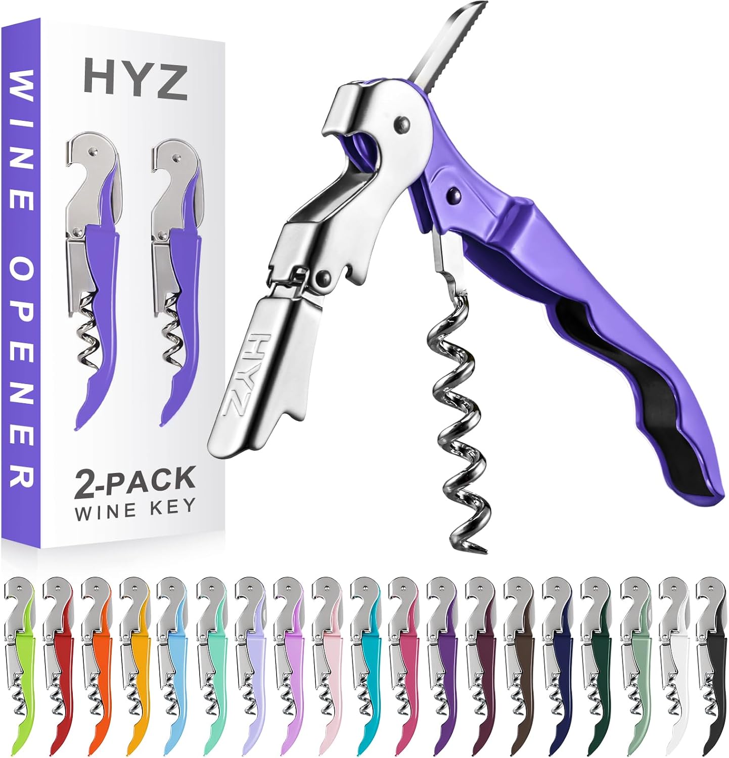 HYZ 2-Pack Wine Opener Waiter Corkscrew, Professional Wine Key for Servers, Bartender, with Foil Cutter, Manual Wine Bottle Opener Double Hinged (Black)