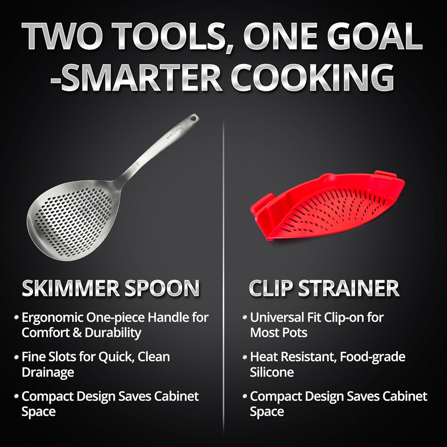 Stainless Steel Skimmer Spoon with Silicone Clip-On Strainer – Multi-Purpose Pasta Strainer, Spider Ladle, Pot Drainer Tool – Heat Resistant & Easy to Clean