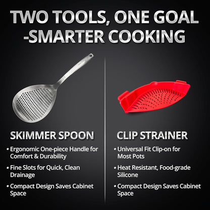 Stainless Steel Skimmer Spoon with Silicone Clip-On Strainer – Multi-Purpose Pasta Strainer, Spider Ladle, Pot Drainer Tool – Heat Resistant & Easy to Clean