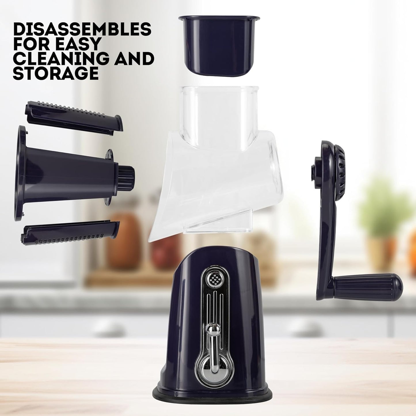 5-in-1 Rotary Cheese Grater with Handle – Stainless Steel Blades, Vegetable Slicer & Shredder, Nut Grinder, Carrot & Cabbage Grater, Easy-to-Clean Kitchen Tool (Purple)