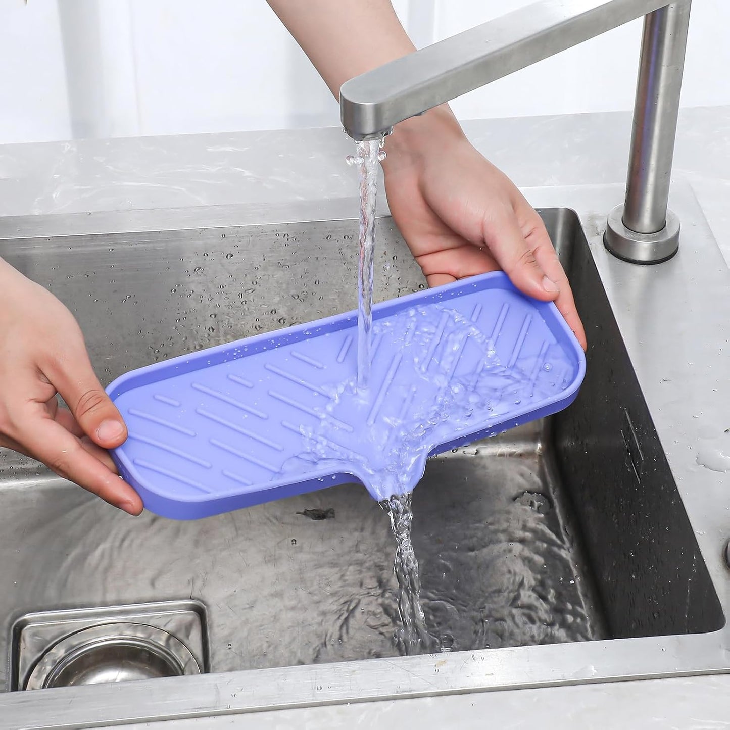 MicoYang Silicone Soap Dish with Drain Spout, Self-Draining Sink Organizer Tray for Bathroom and Kitchen, Sponges, Dispensers and Soap Holder, Non-Slip and Dishwasher Safe, Black (Compact, 4.9"×3.2")