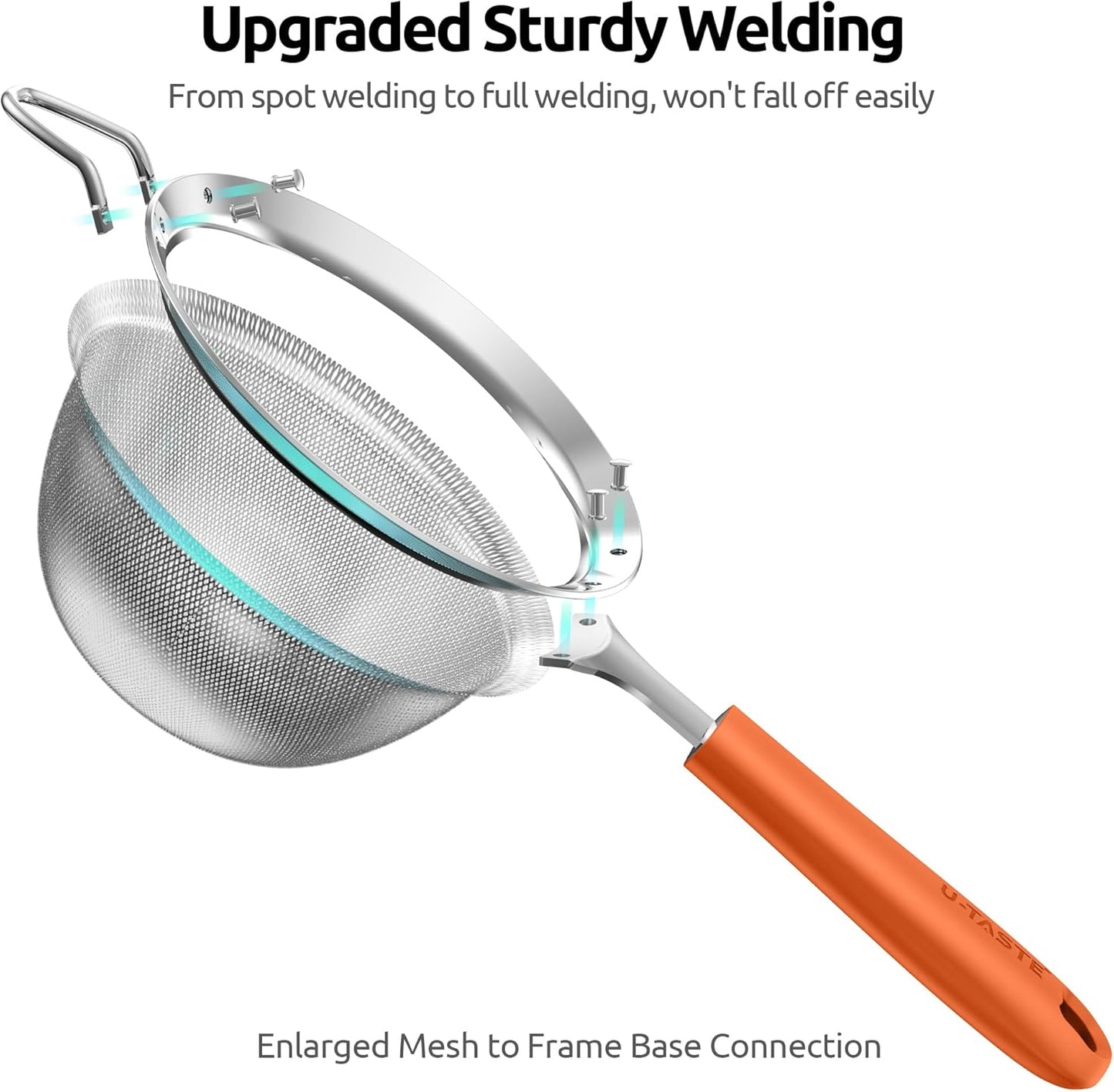 U-Taste Medium Fine Mesh Strainer: 18/8 Stainless Steel 4.73in 30 Mesh Kitchen Food Sieve with Sturdy Riveted Silicone Handle, Heavy Duty Deep Handheld Metal Colander for Rice, Quinoa, Flour (Black)