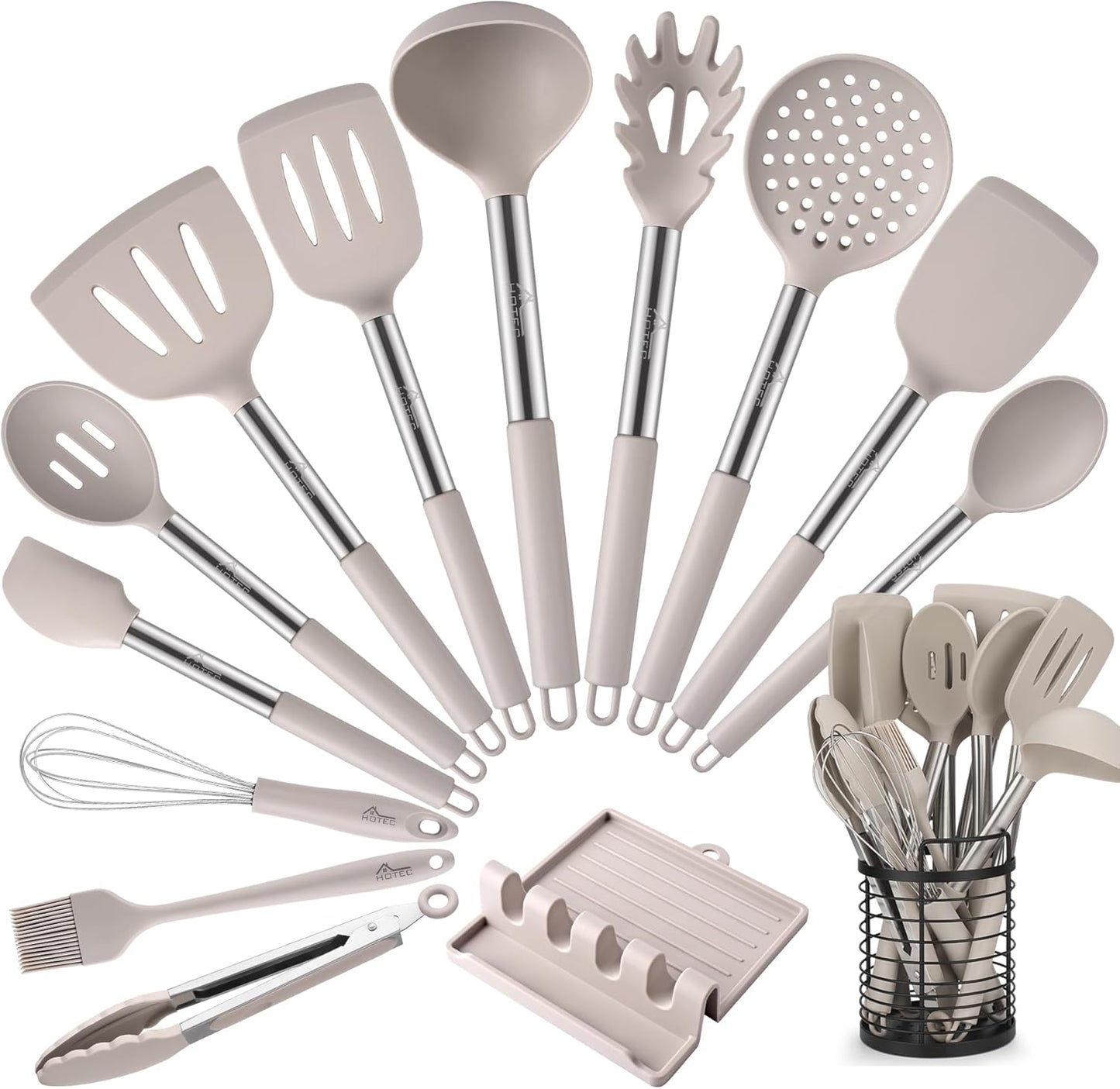 HOTEC 446°F Heat Resistant Silicone Kitchen Utensils, Cooking Utensil Set, Spatula Set, BPA Free, Kitchen Gadgets, Utensils Holder, Dishwasher Safe, 14pcs Multicolor