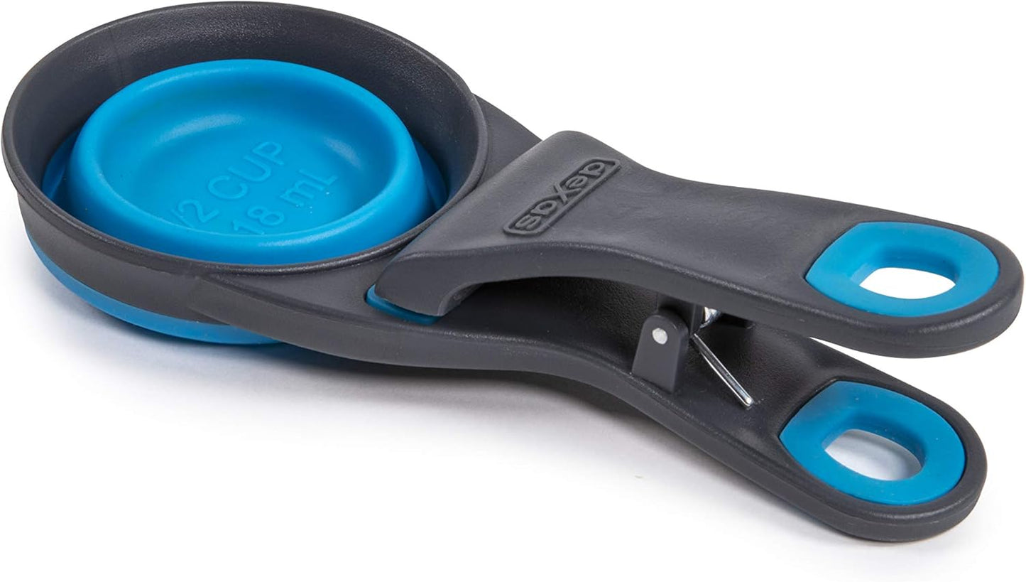 Dexas Popware for Pets Collapsible Klip Scoop, 3 in 1 Design Convenient Measuring Cup, Food Scooper and Bag Clip, 1Cup Capacity Pet Food Scoop, Versatile Food Measuring Cups Portion Control Gray/Blue
