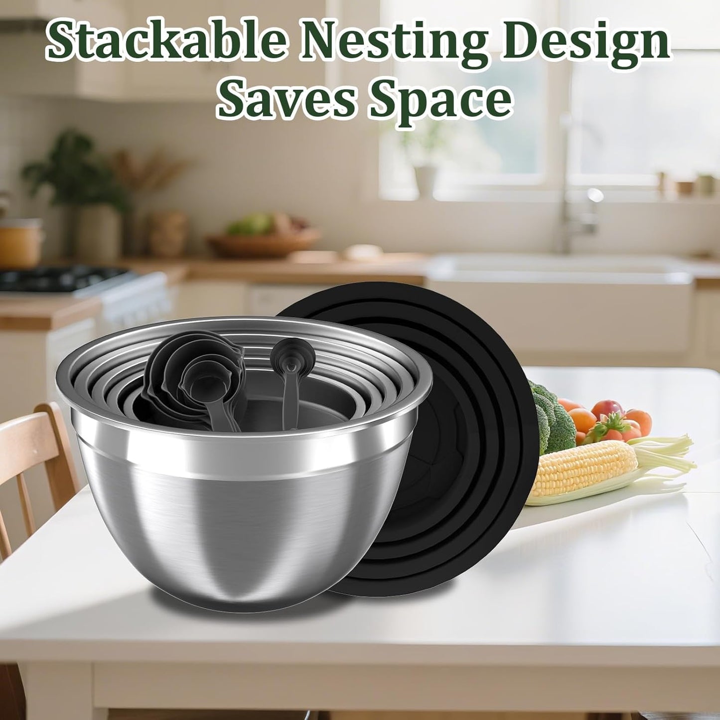 Mixing Bowls with Airtight Lids Set, 4 Stainless Steel Bowls Nesting Bowls & Colander, Kitchen Organizers and Storage Non-Slip Bottom, Size 1.5/2.0/2.5/4.5QT, Great for Mixing & Serving, Khaki