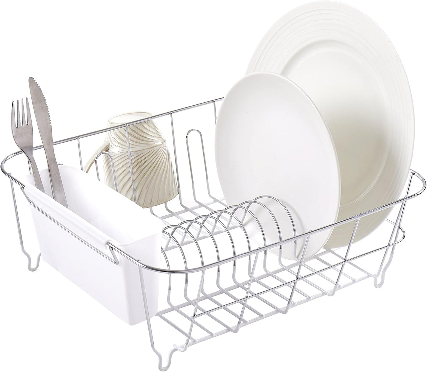 Dish Drying Rack & Cutlery Holder 2 Piece Set - Compact Sink-Fitting Dish Drainer with Rubberized Undercoating, Space-Saving Kitchen Organizer for Plates, Cups, Bowls & Utensils in Sink, Silver