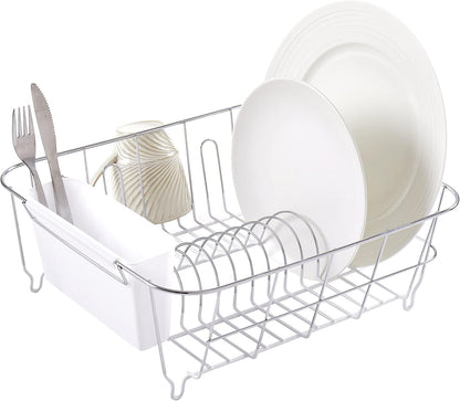 Dish Drying Rack & Cutlery Holder 2 Piece Set - Compact Sink-Fitting Dish Drainer with Rubberized Undercoating, Space-Saving Kitchen Organizer for Plates, Cups, Bowls & Utensils in Sink, Silver