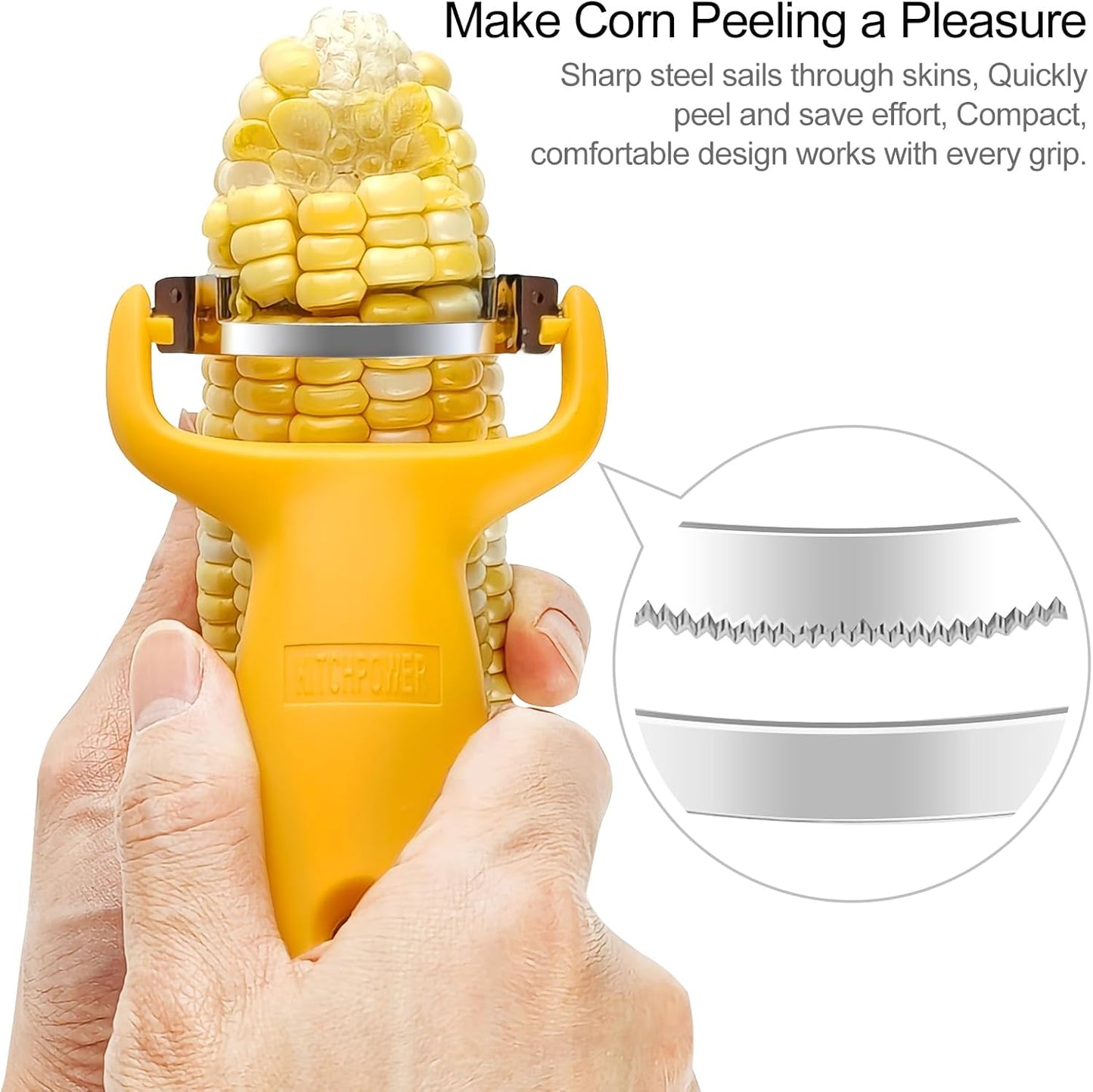 KITCHPOWER Corn Peeler, Corn Stripper, Corn Cob Peeling Tool, Stainless Steel Blades 3-Pack Yellow/Black/Green