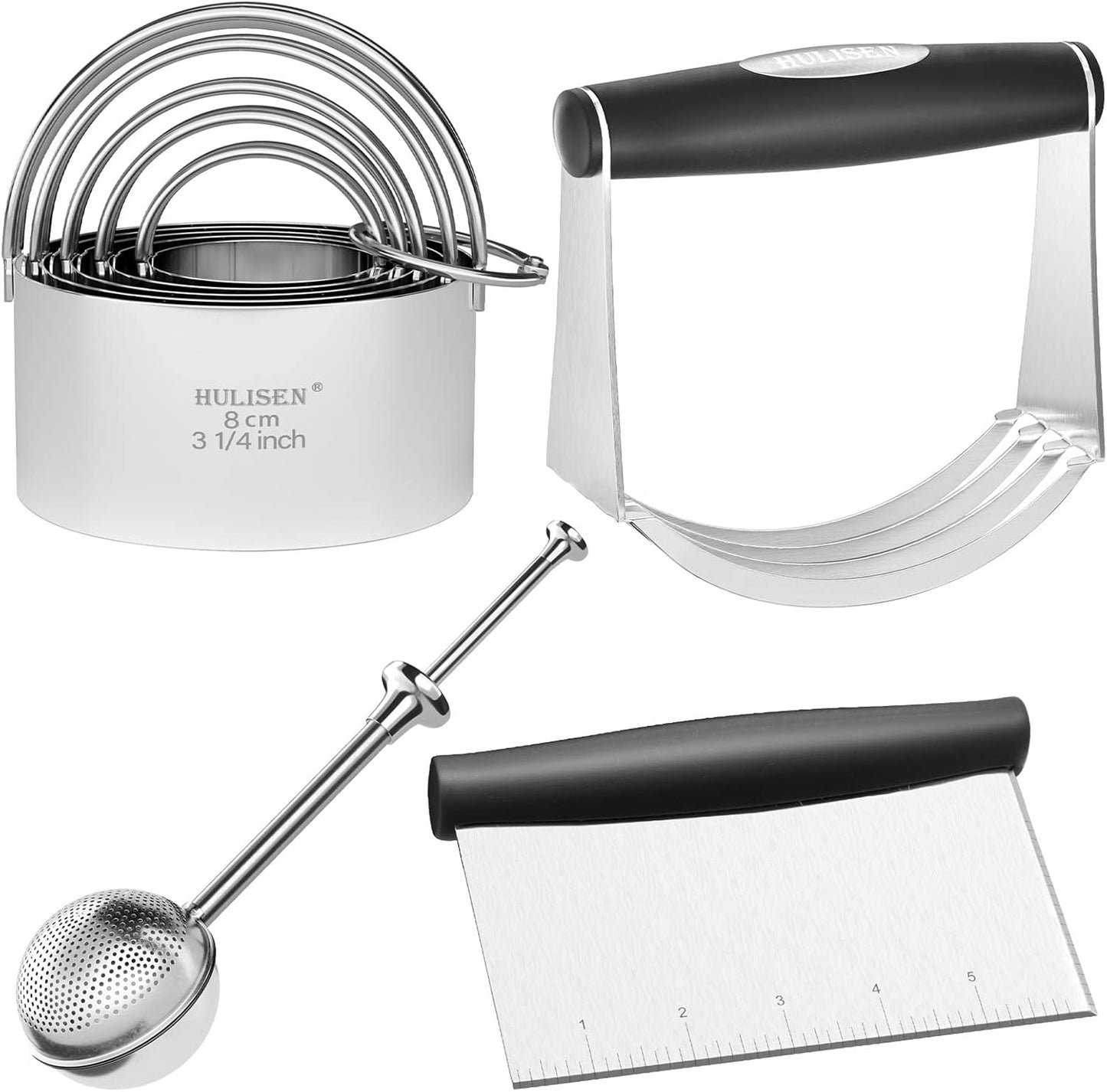 HULISEN Stainless Steel Biscuit Cutter Set, Pastry Scraper and Dough Blender, Sturdy & Long-Lasting with Ergonomic Rubber Grip, Professional Baking Dough Tools, Gift Package (3 Pcs/Set)