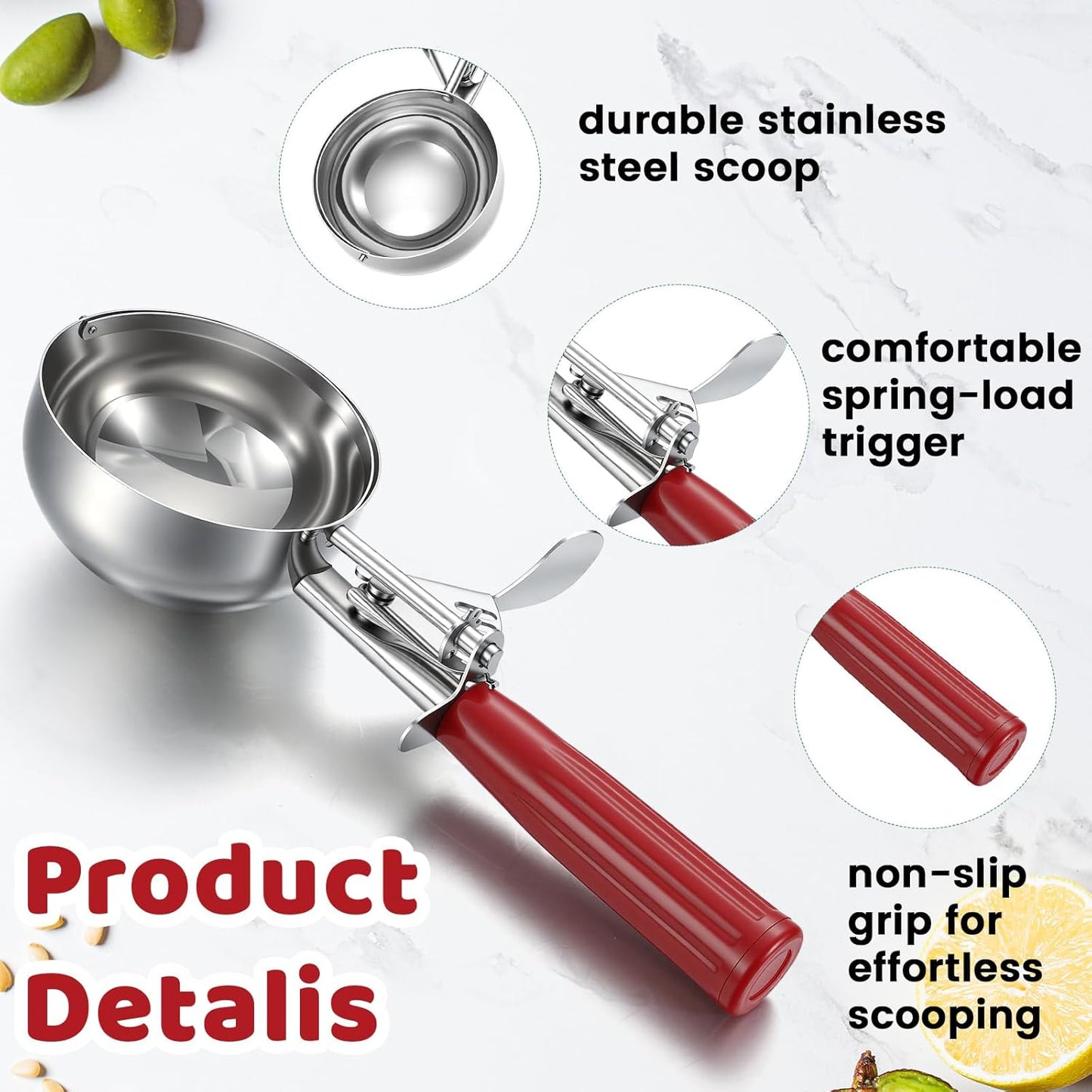 1 Pcs 8 Ounce Portion Scoops Ice Cream Scooper with Trigger Stainless Steel Portion Control Scoop for Restaurant, Baking Food, Cookie Dough, Cupcake Batter (Red)