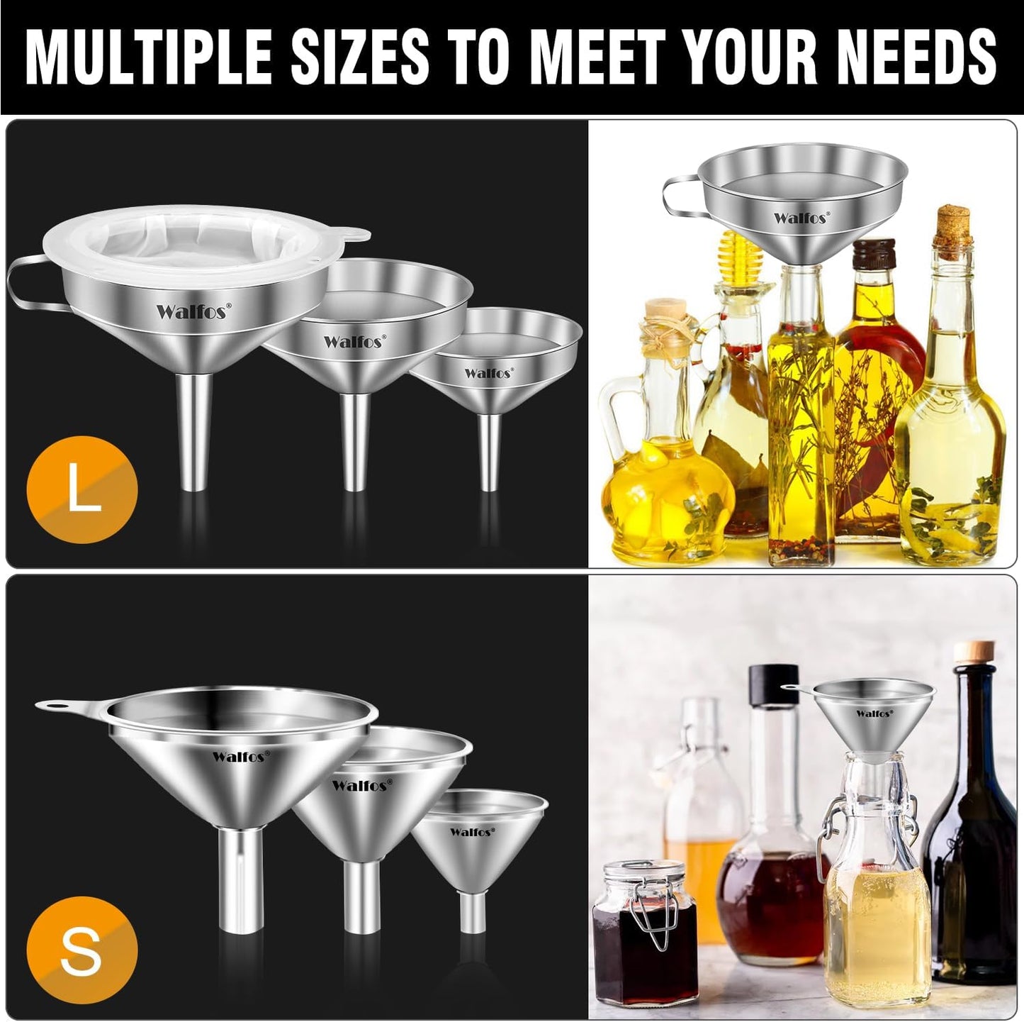 Stainless Steel Funnel, Walfos 3 Pack Kitchen Funnel with 2 Removable Strainer ＆ 1Pcs Cleaning Brush, Perfect for Transferring of Liquid, Oils, Jam, Dry Ingredients & Powder