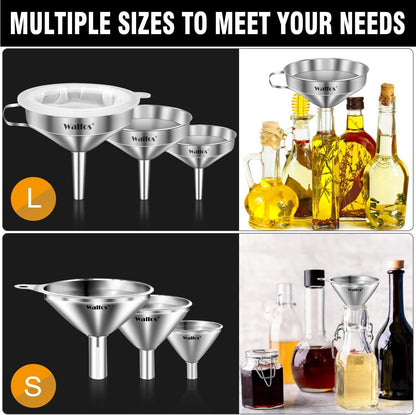 Stainless Steel Funnel, Walfos 3 Pack Kitchen Funnel with 2 Removable Strainer ＆ 1Pcs Cleaning Brush, Perfect for Transferring of Liquid, Oils, Jam, Dry Ingredients & Powder