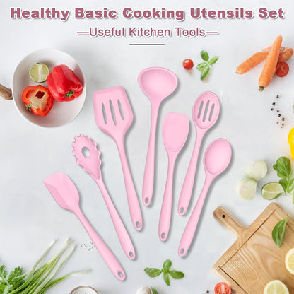 TeamFar Silicone Cooking Utensil Set of 7, Black Kitchen Nonstick Tools Turner Spoon Spatula Ladle Pasta Server for Nonstick Cookware, Healthy & One-Piece, Anti-Heat & Dishwasher Safe