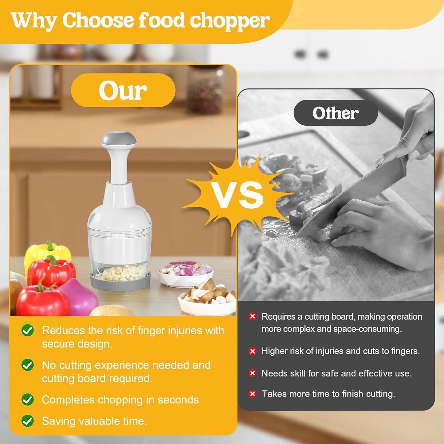 Food Chopper with Container – Manual Onion & Vegetable Chopper, 360° Stainless Steel Blades, Handheld Garlic Nut Veggie Cutter, Dishwasher Safe, Easy to Clean, White