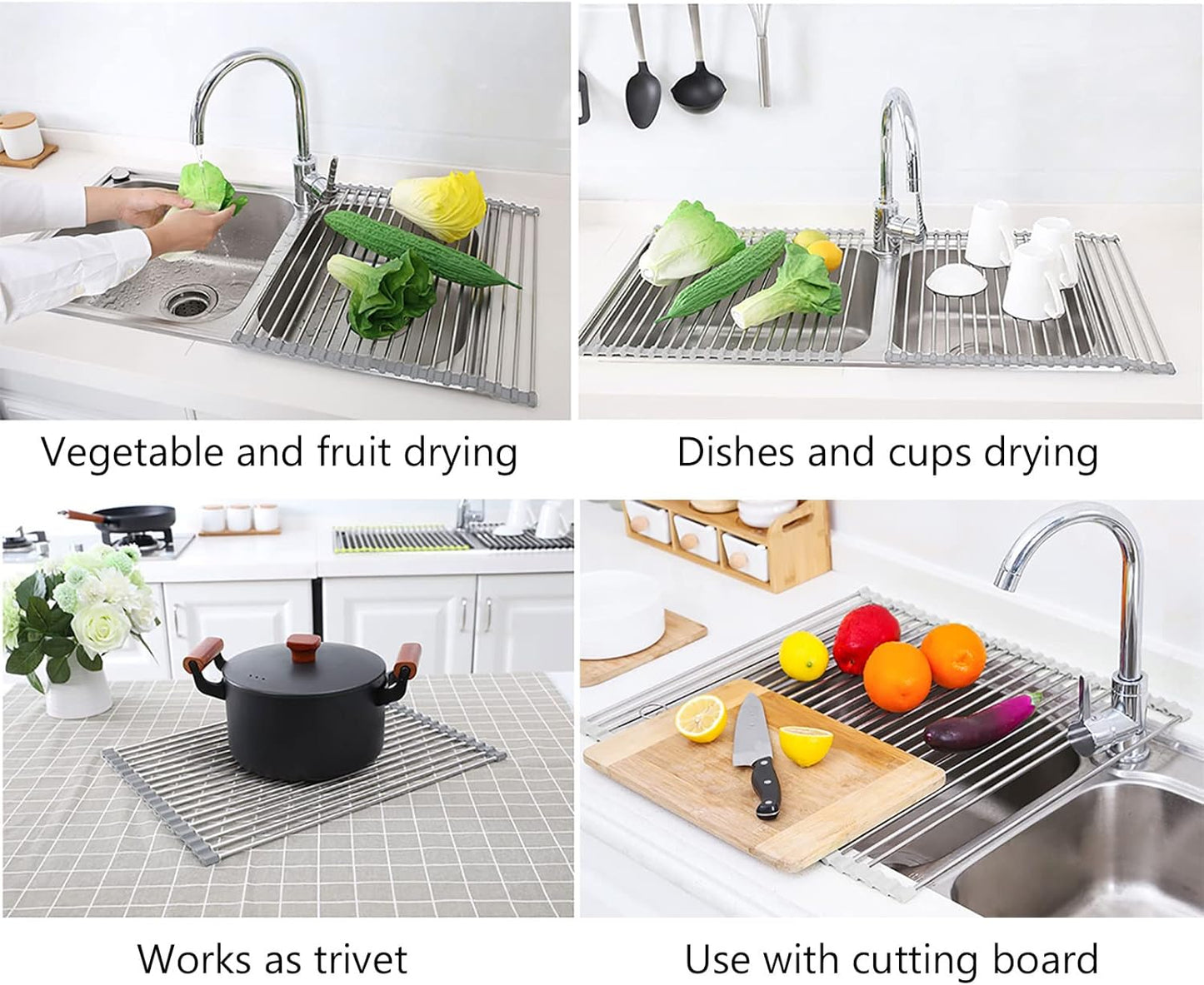 Tomorotec 17.7" x 15.5" Roll Up Dish Drying Rack Over Sink Drying Rack Sink Cover Kitchen Sink Accessories Gadget Multipurpose Organizer Foldable Stainless Steel Drainer