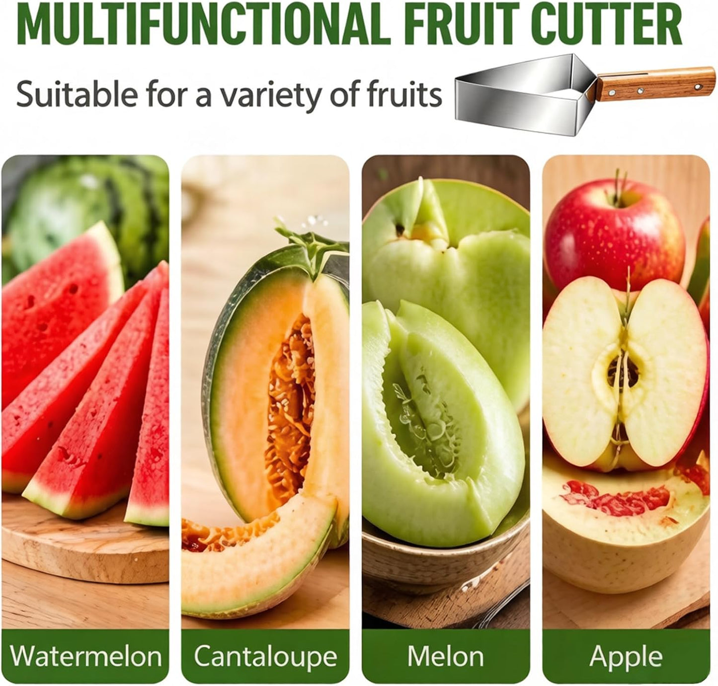 2026 New Fruit Cutter and Watermelon Slicer, Heavy Duty Triangle Watermelon Cutter with Solid Wood Handle, Multi-Fruit Slicer for Cantaloupe, Honeydew, Essential Kitchen Gadget for BBQ (1)