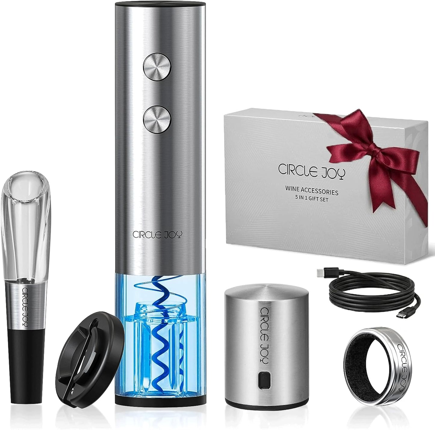 CIRCLE JOY Electric Wine Opener Stainless Steel Rechargeable Automatic Wine Bottle Opener Set 7-in-1 Wine Gifts for Wine Lovers with Charging Base, Foil Cutter, Wine Aerator Pourer & 2 Vacuum Stoppers