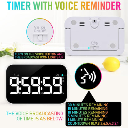 TXL Kitchen Timer for Cooking, Rechargeable Digital Magnetic Timer with Large LED Display, Loud Alarm, Sound Countdown, 4 Volume Levels and 3 Brightness for Classroom, Study (RGB)