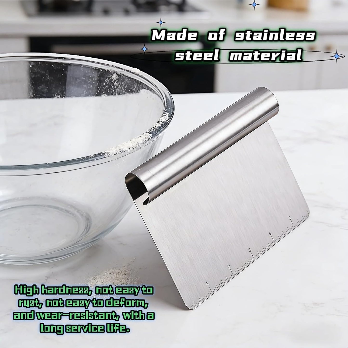 Stainless Steel Dough Scraper with Measuring Scale - Multi-Purpose Kitchen Tool for Baking, Pizza, Grilling, Pastry Cutter & Vegetable Chopper | Ergonomic Handle & Rust-Proof Design