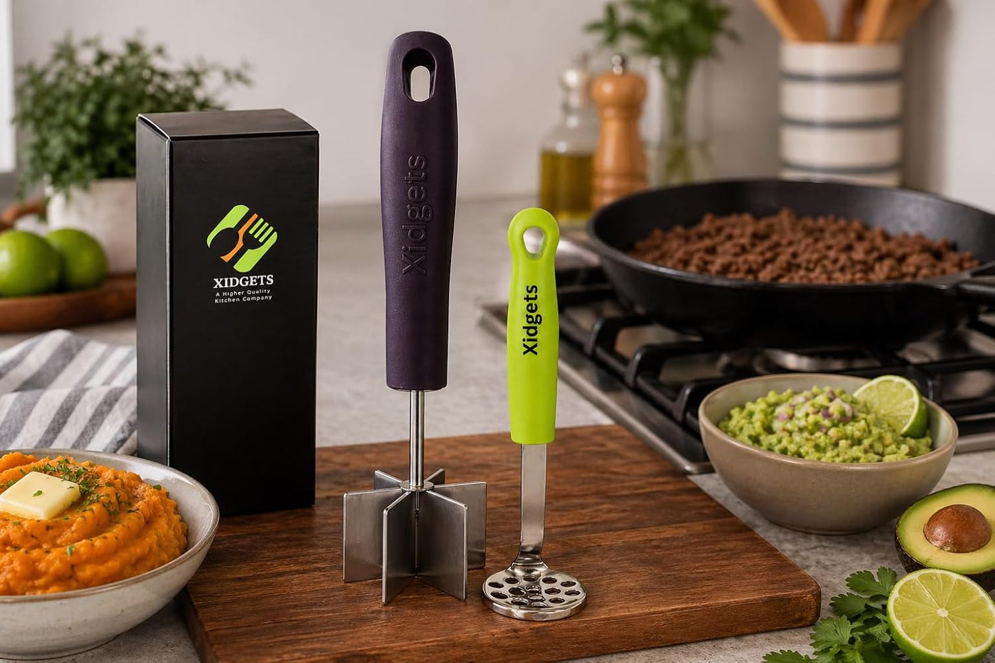 Stainless Steel Mini Meat Chopper & Masher | 6-Blade Ground Beef Chopper Tool | Small Hamburger Smasher | Compact Ergonomic Handle | Dishwasher Safe - 7" (Retro Orange Mini)