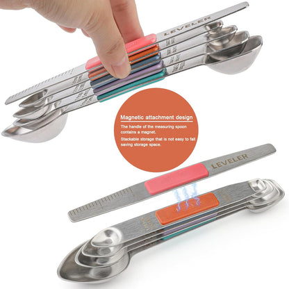 Magnetic Measuring Spoons Set Stainless Steel Double Sided Measuring Spoons with 1 Leveler Measuring Teaspoon Tablespoon for Dry and Liquid Ingredients (5, Black)