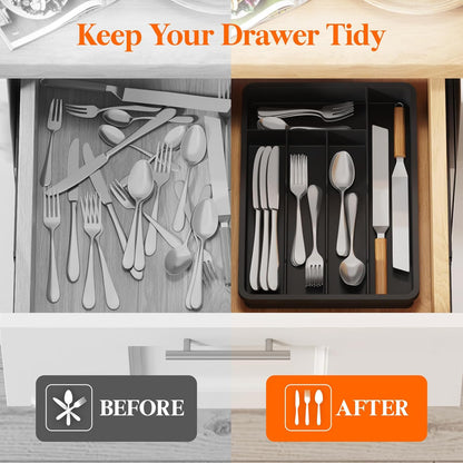 Lifewit Silverware Drawer Organizer Tray, Plastic Cutlery Storage for Kitchen, Flatware and Utensil Holder Divider for Spoons Forks Knives Tableware, 9.1 x 12.6", 5 Slots, Black