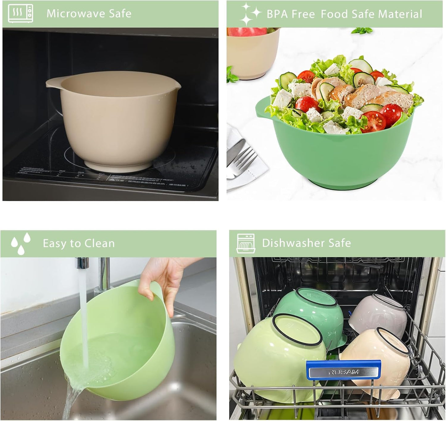 BoxedHome Green Ombre Nesting Plastic Mixing Bowl Set With Pour Spout, Microwave and Dishwasher Safe, BPA free Non-Slip Base, Set of 4 Size 1.7, 2.5, 3.5 and 4.5qt, Great for Prepping, Baking, Cooking