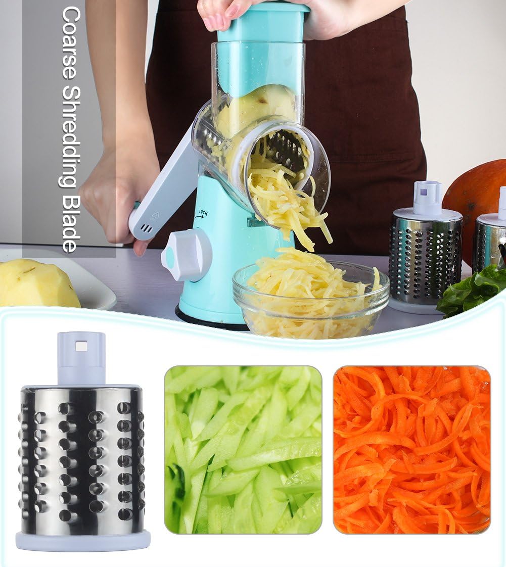 Ourokhome Rotary Cheese Grater Shredder and Hamburger Meat Chopper Stirrer, Round Food Slicer with 3 Drum Blades and Ground Beef Meat Breaker with Heat Resistant 5 Curved Blades