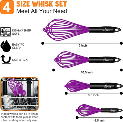 HOTEC 4 Pieces Silicone Whisks Set, Wire Balloon Whisks for cooking Egg Beater, Non-slip Handle Whisk for Non-stick Cookware Perfect for Cooking, Stirring, Beating and Blending (Multicolor)