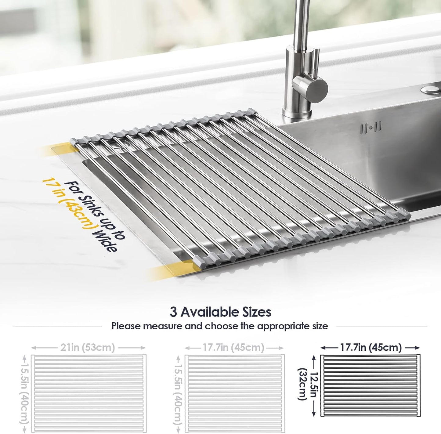 Tomorotec 17.7" x 15.5" Roll Up Dish Drying Rack Over Sink Drying Rack Sink Cover Kitchen Sink Accessories Gadget Multipurpose Organizer Foldable Stainless Steel Drainer